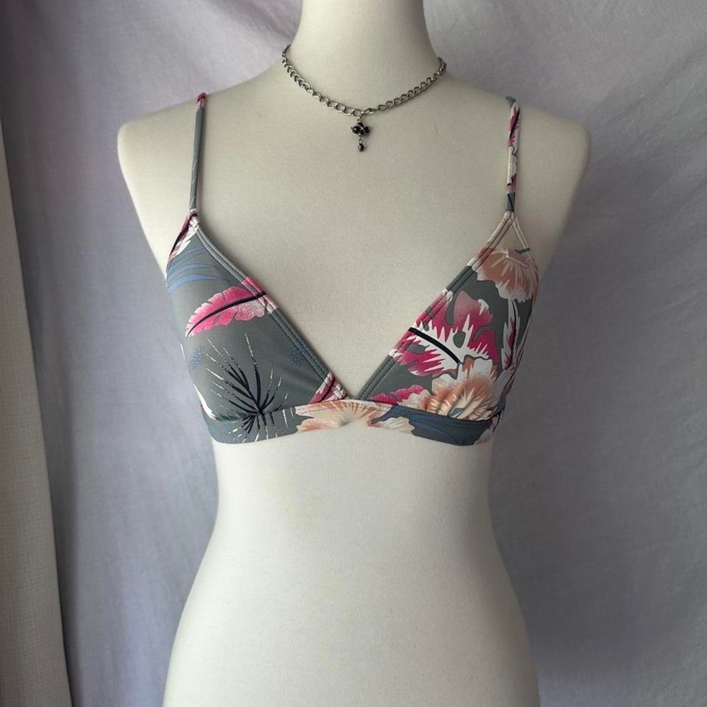 Roxy Floral Triangle Bikini Top Pink Grey Tropical Swim Small